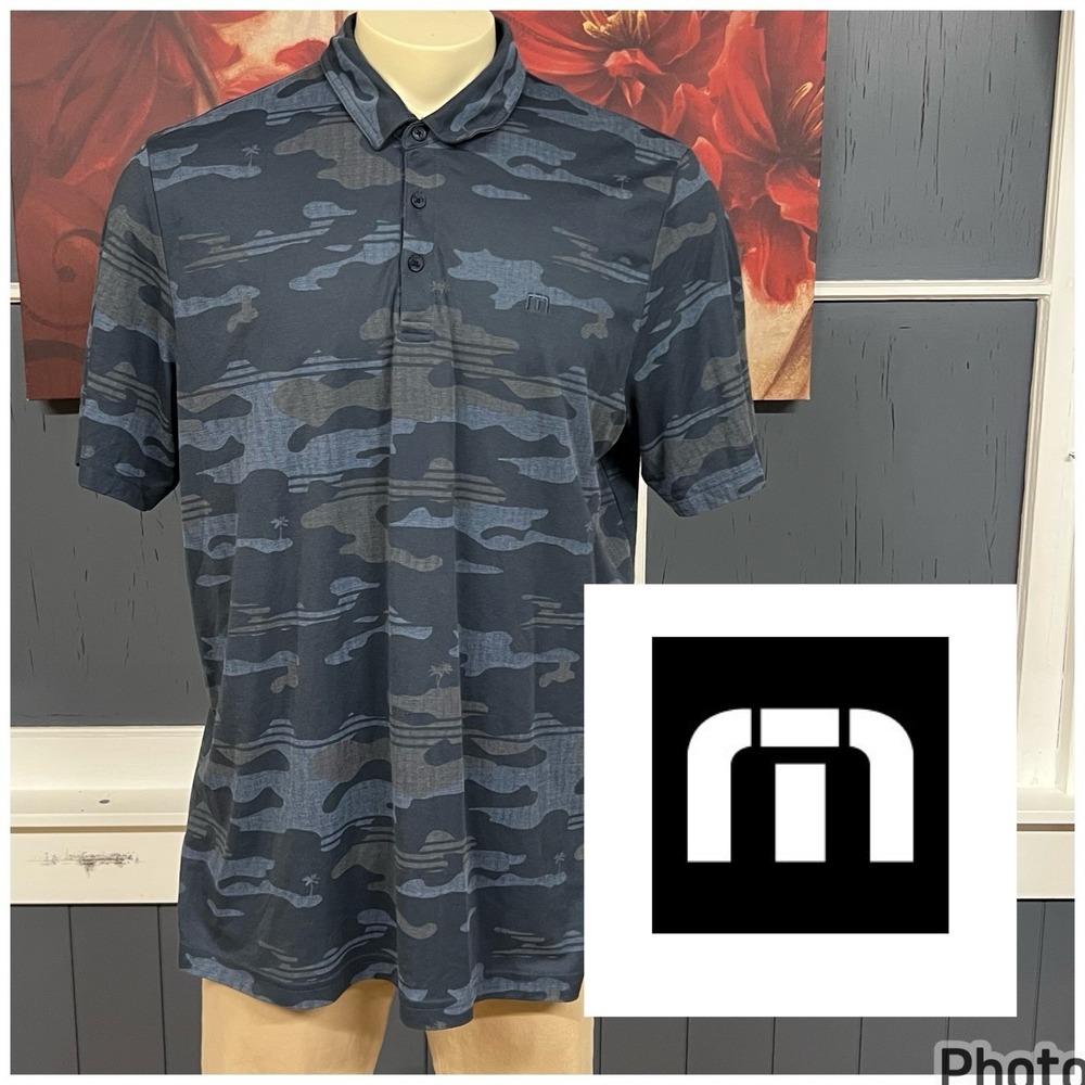 Travis Mathew Pique Knit Polo Golf Shirt Mens XXL Modern Athletic Fit Blue/Gray